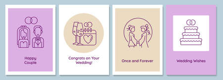 Married life beginning postcards with linear glyph icon set. Wedding day. Greeting card with decorative vector design. Simple style poster with creative lineart illustration. Flyer with holiday wishのイラスト素材