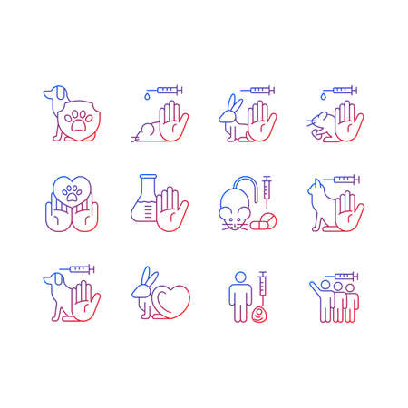 No animal testing gradient linear vector icons set. Dog and cat protection. Cruelty free label for cosmetic. Thin line contour symbols bundle. Isolated vector outline illustrations collectionのイラスト素材