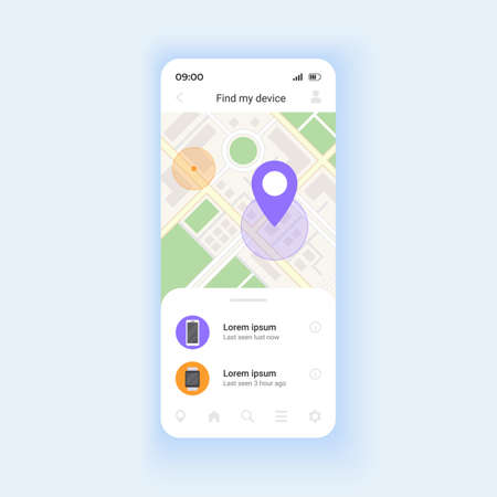 Showing phone location smartphone interface vector template. Device locking on distance. Mobile app...