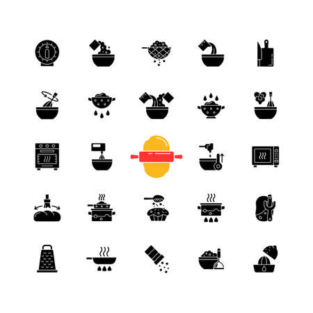 Cooking instruction black glyph icons set on white space. Frying pan. Kitchen timer. Cook dinner and meal. Food process preparation steps. Silhouette symbols. Vector isolated illustrationのイラスト素材