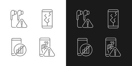 Smartphone breakdowns linear icons set for dark and light mode. Earphones connection issue. Touchscreen failed. Customizable thin line symbols. Isolated vector outline illustrations. Editable strokeのイラスト素材