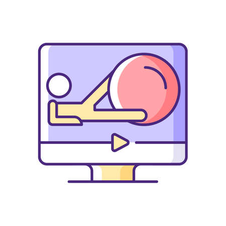 Fitness ball online workout RGB color icon. Major muscle groups strength and endurance improvement. Inexpensive weight correction way. Isolated vector illustration. Simple filled line drawingのイラスト素材