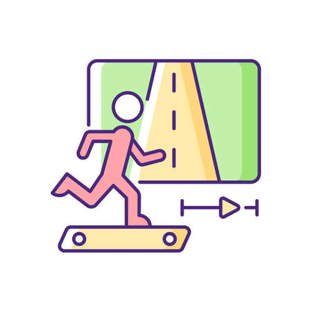 Online fitness jogging RGB color icon. Running and traveling in virtual reality. Race experiment. Treadmill activities. VR solutions. Isolated vector illustration. Simple filled line drawingのイラスト素材