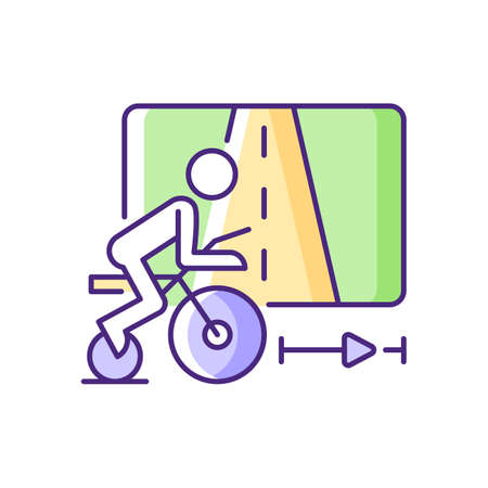 Virtual cycling app RGB color icon. Online fitness rally sport. Racing competition. Indoor traveling. Smart trainer. Stationary bike. Isolated vector illustration. Simple filled line drawingのイラスト素材