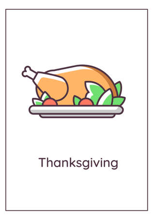Thanksgiving turkey greeting card with color icon element. Festive dinner invitation. Postcard vector design. Decorative flyer with creative illustration. Notecard with congratulatory messageのイラスト素材