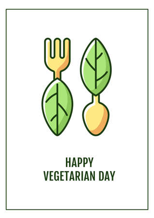 Happy vegetarian day greeting card with color icon element. Creating better world. Postcard vector design. Decorative flyer with creative illustration. Notecard with congratulatory messageのイラスト素材