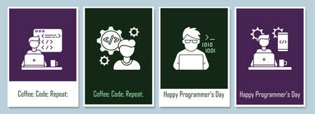 Programmers day greeting cards with glyph icon element set. Creative simple postcard vector design. Decorative invitation with minimal illustration. Creative banner with celebratory textのイラスト素材