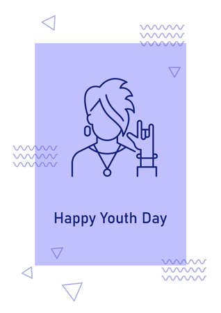 Best wishes on youth day postcard with linear glyph icon. Young energy. Greeting card with decorative vector design. Simple style poster with creative lineart illustration. Flyer with holiday wishのイラスト素材