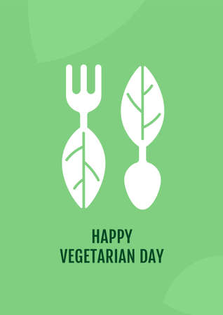 Happy vegan day greeting card with glyph icon element. Healthy diet. Creative simple postcard vector design. Decorative invitation with minimal illustration. Creative banner with celebratory textのイラスト素材