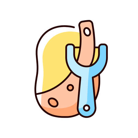 Peel potato RGB color icon. Cutting skin from vegetable. Recipe step. Peeler tool. Cooking instruction. Food preparation process. Isolated vector illustration. Simple filled line drawingのイラスト素材