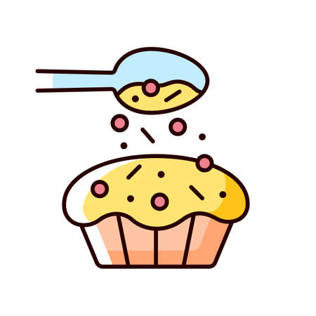 Sprinkle for baking RGB color icon. Pouring topping from spoon on cupcake. Dessert recipe. Cooking instruction. Food preparation process. Isolated vector illustration. Simple filled line drawingのイラスト素材
