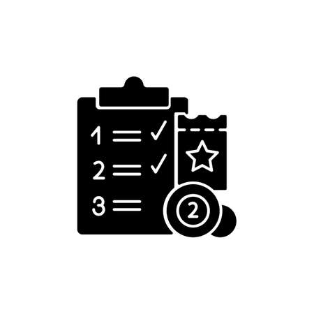 Lottery session program black glyph icon. Various prize levels. Lotto games. Online gambling. Progressive jackpot prizes. Daily draws. Silhouette symbol on white space. Vector isolated illustrationのイラスト素材