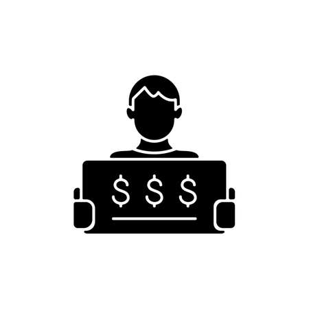 Claim lotto prize black glyph icon. Getting winning ticket from draw-based game. Claiming money anonymously. Prize-winning ticket-holder. Silhouette symbol on white space. Vector isolated illustrationのイラスト素材