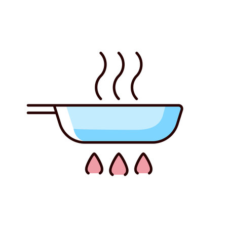 Fry pan RGB color icon. Roasting ingredients for dinner on stove flame. Stirring process. Cooking instruction. Food preparation. Isolated vector illustration. Simple filled line drawingのイラスト素材