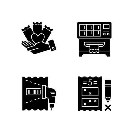 Playing lotto games black glyph icons set on white space. Charity gambling. Lottery ticket vending machine. Scanning draw results. Five digit game. Silhouette symbols. Vector isolated illustrationのイラスト素材
