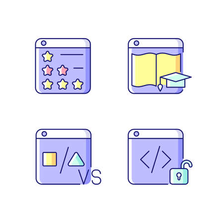 Business online presence RGB color icons set. Consumer review networks. E-learning site. Comparison platform. Open source code. Isolated vector illustrations. Simple filled line drawings collectionのイラスト素材