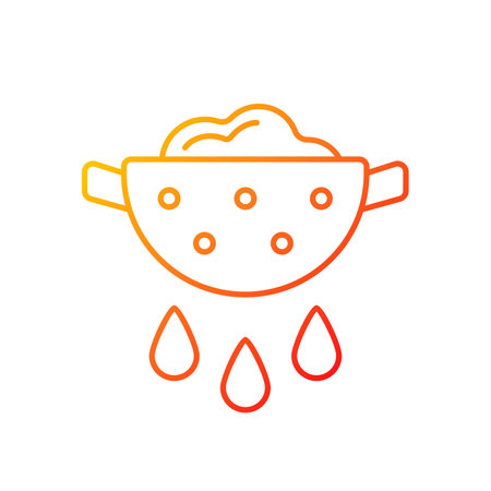 Drain food gradient linear vector icon. Rinsing pasta from water. Product in colander with pouring...