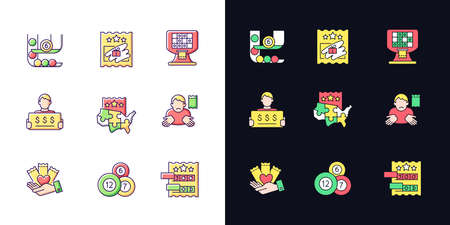 Lottery games types light and dark theme RGB color icons set. Ball draw machine. Multi-state game. Isolated vector illustrations on white and black space. Simple filled line drawings packのイラスト素材