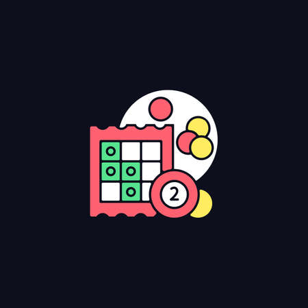 Bingo RGB color icon for dark theme. Low-priced gambling. Marking off numbers on cards. Winning cash prizes. Isolated vector illustration on night mode background. Simple filled line drawing on blackのイラスト素材