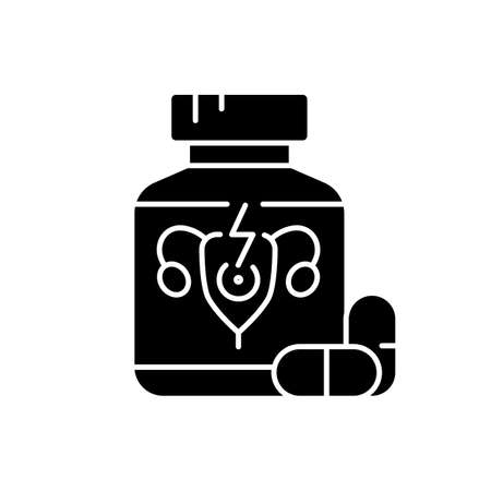 Pills for period cramps black glyph icon. Relieve painful menstruation. Anti-inflammatory drug. Calming abdominal cramping. Silhouette symbol on white space. Vector isolated illustrationのイラスト素材