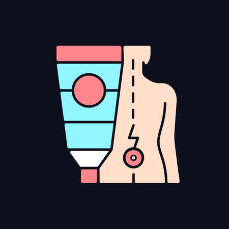 Ointment for back pain RGB color icon for dark theme. Burning, shooting pain relieving. Soothing sensation. Isolated vector illustration on night mode background. Simple filled line drawing on blackのイラスト素材