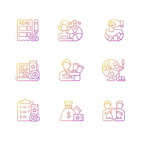 Gambling game types gradient linear vector icons set. Quiz show. Keno game. Raffle. Lottery agent. Daily draws. Thin line contour symbols bundle. Isolated vector outline illustrations collectionのイラスト素材