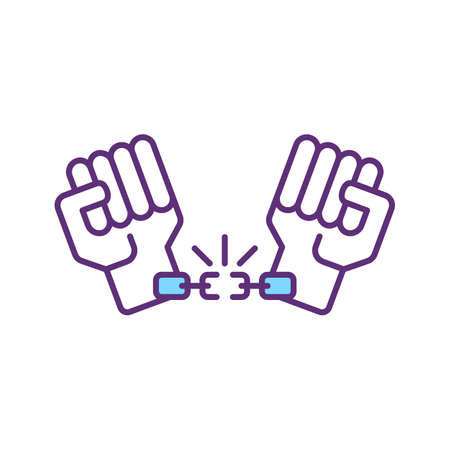 Hands in chain RGB color icon. Prisoner in handcuffs. Enslaved person. Freedom deprivation. Isolated vector illustration. Human smuggling and exploitation. Simple filled line drawingのイラスト素材