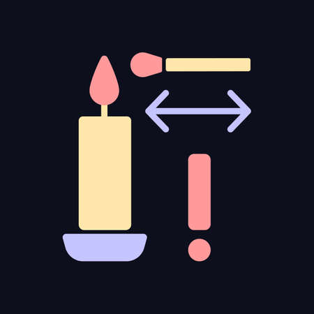 Lighting candle with long match RGB color manual label icon for dark theme. Isolated vector illustration on night mode background. Simple filled line drawing on black for product use instructionsのイラスト素材