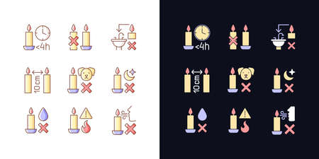Candle safety regulations light and dark theme RGB color manual label icons set. Isolated vector illustrations on white and black space. Simple filled line drawings pack for product use instructionsのイラスト素材