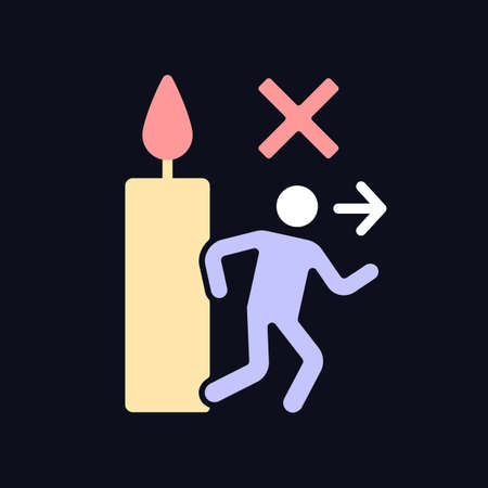 Never leave burning candle RGB color manual label icon for dark theme. Isolated vector illustration on night mode background. Simple filled line drawing on black for product use instructionsのイラスト素材