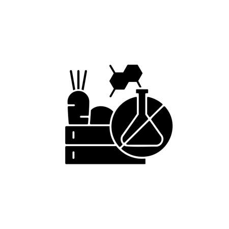 Chemical free food production black glyph icon. Toxic and gmo free products. Organic fruits and vegetables. No additives. Silhouette symbol on white space. Vector isolated illustrationのイラスト素材