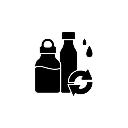 Water bottles refill black glyph icon. Eco friendly package for drinks. Glass bottles. Reusable products to reduce carbon print. Silhouette symbol on white space. Vector isolated illustrationのイラスト素材
