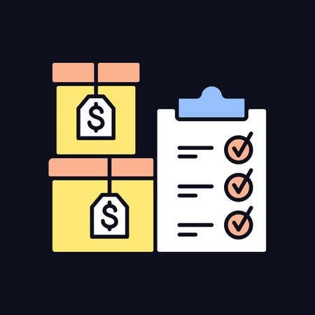 Goods ready for sale RGB color icon for dark theme. Inventory items in manufacturing. List and boxes. Isolated vector illustration on night mode background. Simple filled line drawing on blackのイラスト素材
