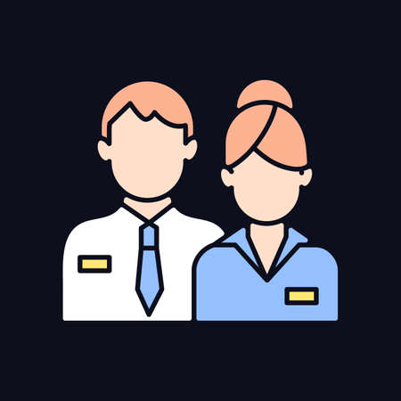 Company staff RGB color icon for dark theme. Man and woman in uniform. Official business representatives. Isolated vector illustration on night mode background. Simple filled line drawing on blackのイラスト素材