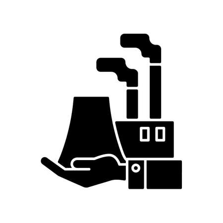 Manufacturing black glyph icon. Plants and ownership. Production of goods. Electricity by a plant generation. Machine industry. Silhouette symbol on white space. Vector isolated illustrationのイラスト素材