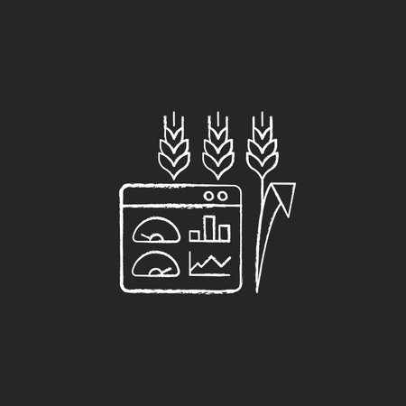 Crop and soil monitoring and management chalk white icon on dark background. Monitoring quality of soil. System analyzes data. Farming management. Isolated vector chalkboard illustration on blackのイラスト素材