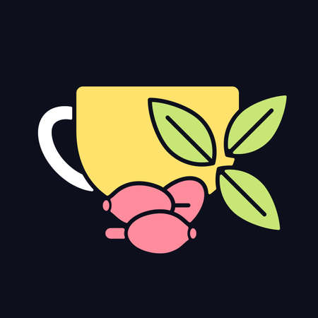Rosehip tea RGB color icon for dark theme. Briar tea benefits. Beverage improves immunity and heart health. Isolated vector illustration on night mode background. Simple filled line drawing on blackのイラスト素材