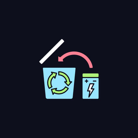 Battery recycling RGB color manual label icon for dark theme. Charger disposal. Isolated vector illustration on night mode background. Simple filled line drawing on black for product use instructionsのイラスト素材