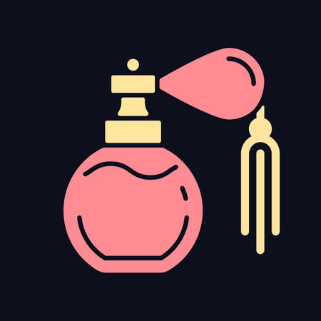 Vintage perfume with pump RGB color icon for dark theme. Antique scent bottle. Classic design with atomizer. Isolated vector illustration on night mode background. Simple filled line drawing on blackのイラスト素材
