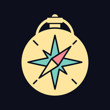Vintage style compass RGB color icon for dark theme. Antique nautical instrument. Item for navigation. Isolated vector illustration on night mode background. Simple filled line drawing on blackのイラスト素材