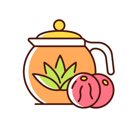 Blooming tea RGB color icon. Tea leaves dried with flowers. Exotic beverage brews in transparent teapot and mug. Chinese drink. Isolated vector illustration. Simple filled line drawingのイラスト素材