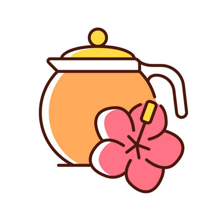 Hibiscus tea RGB color icon. Carcade sour beverage. Red tea made from dried petals. Help reduce blood pressure. Medicinal drink. Isolated vector illustration. Simple filled line drawingのイラスト素材