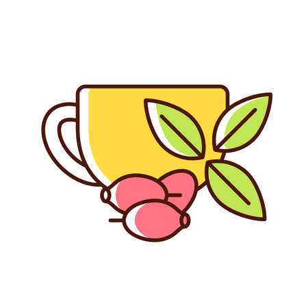 Rosehip tea RGB color icon. Briar tea benefits. Beverage improves immunity and heart health. Herbal drink rich in antioxidants. Isolated vector illustration. Simple filled line drawingのイラスト素材