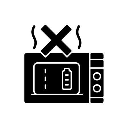 Dont microwave powerbank black glyph manual label icon. Exposure to extreme temperature. Damage to unit. Silhouette symbol on white space. Vector isolated illustration for product use instructionsのイラスト素材
