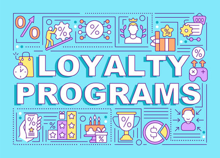Loyalty programs word concepts banner. Reward system for customers. Infographics with linear icons on blue background. Isolated creative typography. Vector outline color illustration with textのイラスト素材