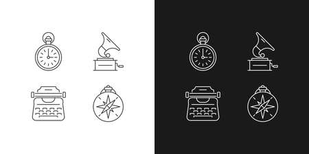 Old-fashioned items linear icons set for dark and light mode. Antique pocket watch. Gramophone records. Customizable thin line symbols. Isolated vector outline illustrations. Editable strokeのイラスト素材
