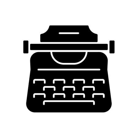 Vintage typewriter black glyph icon. Antique mechanical machine. Producing characters on paper. Authentic manual typewriter. Silhouette symbol on white space. Vector isolated illustrationのイラスト素材