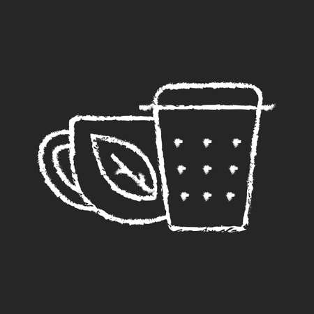 Metal tea infuser, strainer chalk white icon on dark background. Device for tea brewing. Put leaves into utensil to make beverage. Mesh container. Isolated vector chalkboard illustration on blackのイラスト素材