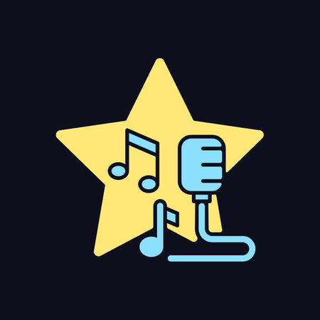 Open microphone shows RGB color icon for dark theme. Stand up comedy. Music competition. Karaoke night. Isolated vector illustration on night mode background. Simple filled line drawing on blackのイラスト素材