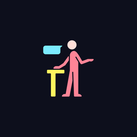 Confident speaking RGB color icon for dark theme. Assertive public speaker. Showing mental toughness. Isolated vector illustration on night mode background. Simple filled line drawing on blackのイラスト素材